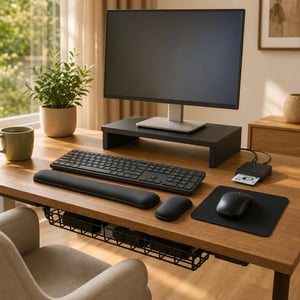 Set organizare birou: cititor carduri + tastatură și mouse wireless + mousepad + suport încheietură + organizator
