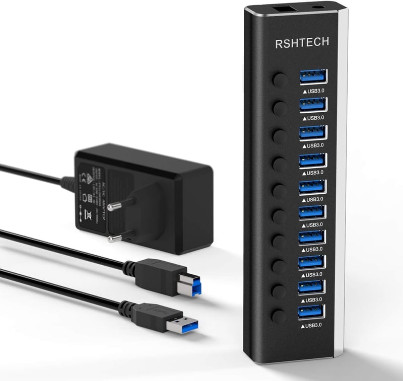 RSHTECH USB 3.0 Hub 10 Port Aktív Alumínium Elosztó 36W Tápegységgel