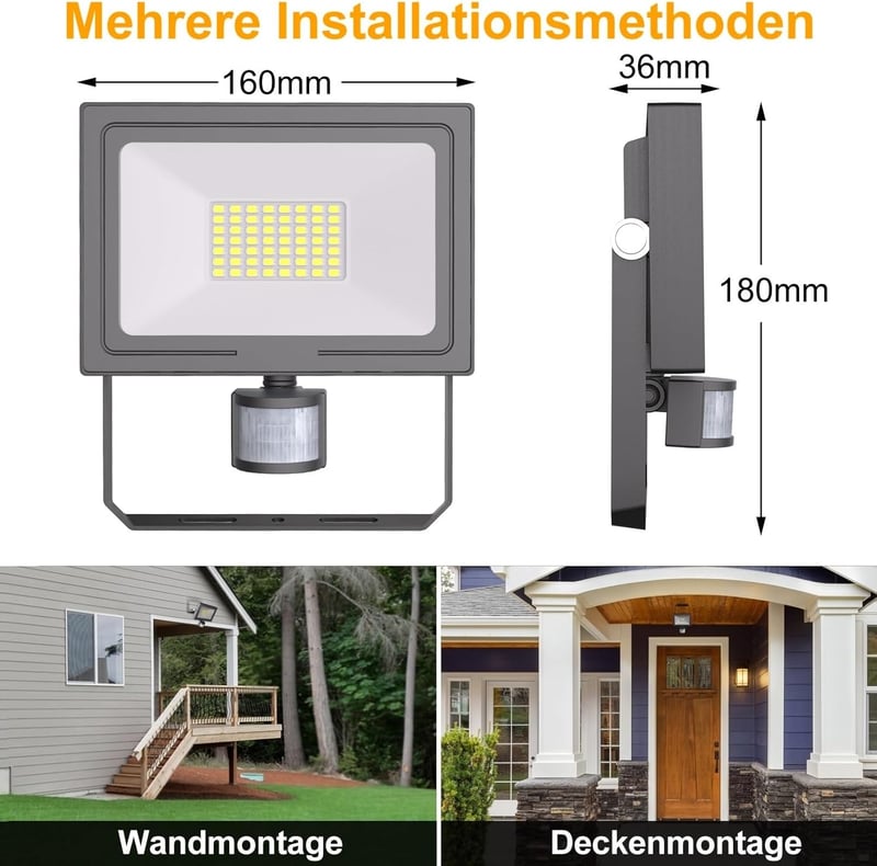 MEIKEE 50W LED Reflektor Mozgásérzékelővel - 4700LM, 6500K, IP66 Vízálló Kültéri Lámpa Kerthez, Garázshoz, 360° Forgatható Fejjel, Fekete - 50.0 Watt