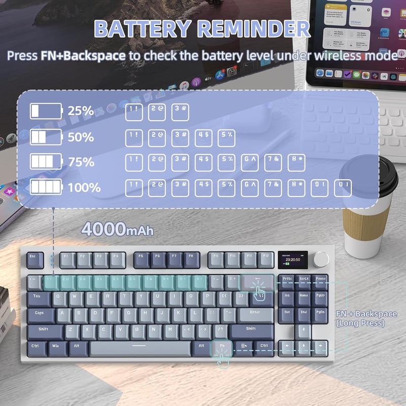 VGN GAMEPOWER K86 Mechanikus Gamer Billentyűzet, 75% TKL, RGB Háttérvilágítás, Vezeték Nélküli/Bluetooth/USB-C, Színes Kijelző, Hot Swap, Li