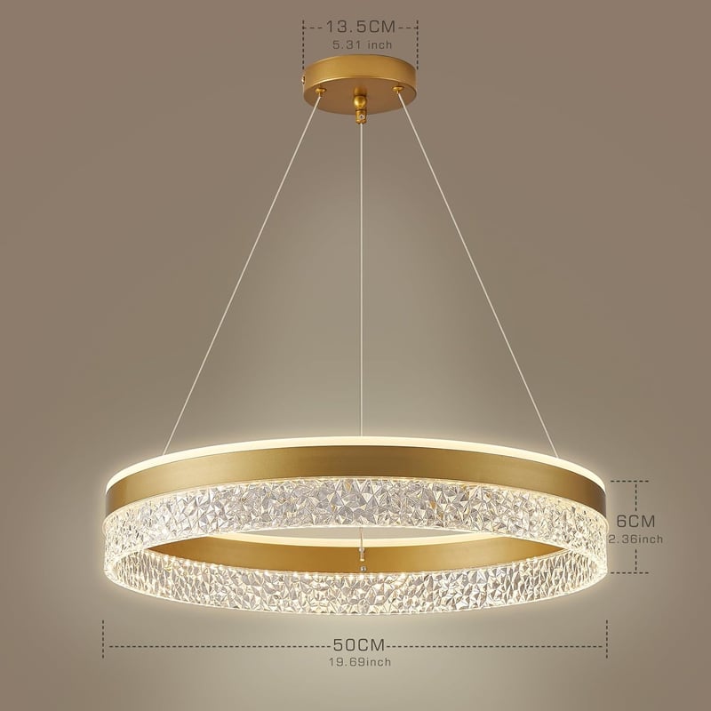 KSIBNW Állítható Fényerejű LED Függőlámpa - 36W Modern Arany Gyűrű Csillár Nappaliba, Étkezőbe - 50cm Átmérőjű Akril-Fém Mennyezeti Lámpa