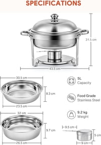 Wilprep 5L Rozsdamentes Acél Ételmelegítő Szett - 4 db Kerek Chafing Dish Melegentartó Tál Rendezvényekhez és Partikhoz 7