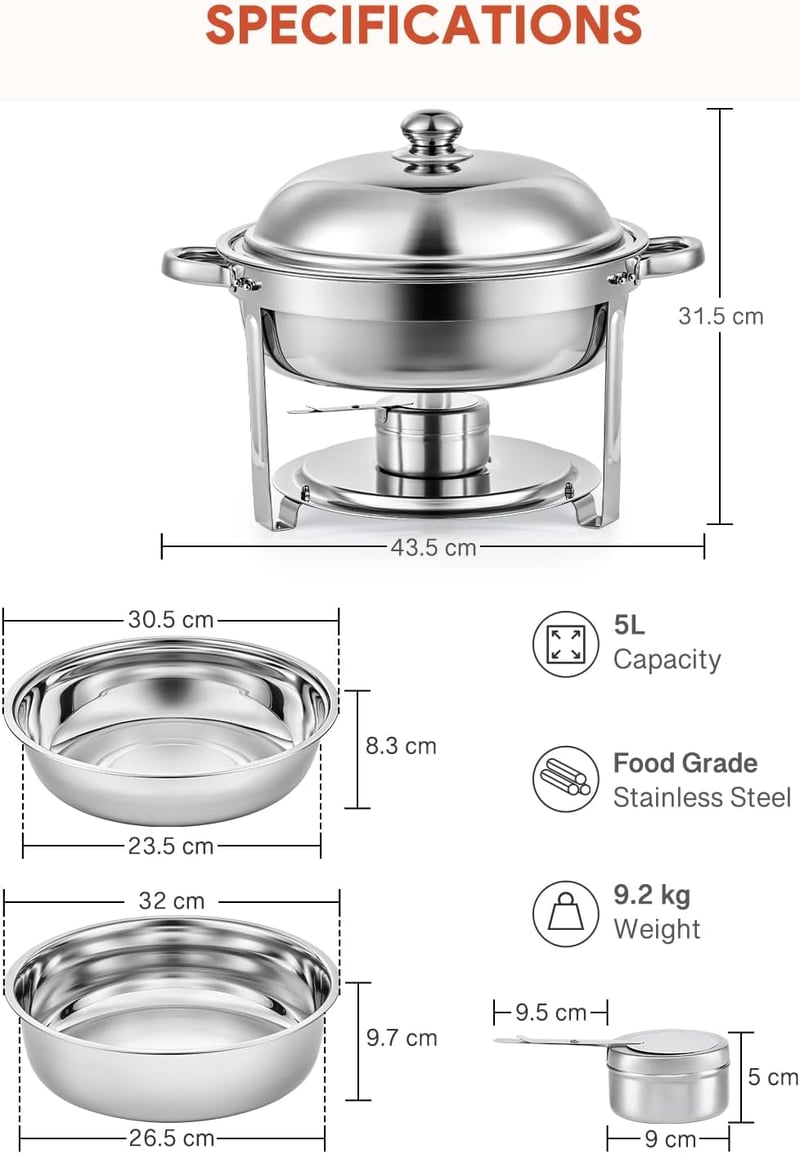 Wilprep 5L Rozsdamentes Acél Ételmelegítő Szett - 4 db Kerek Chafing Dish Melegentartó Tál Rendezvényekhez és Partikhoz