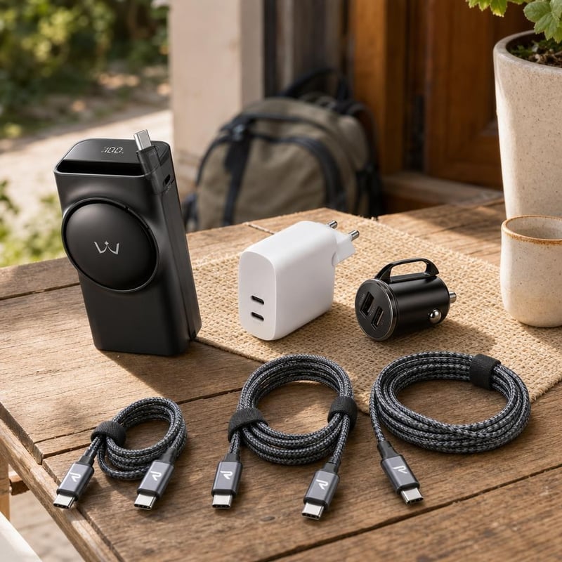 Putni set za punjenje: 10 000 mAh PD power bank + 60W zidni punjač + 60W auto punjač + 3x USB-C kabel