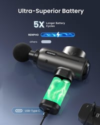 RENPHO Masszázspisztoly 3200 RPM Izommasszírozó Készülék USB-C Töltéssel, 2500 mAh Akkumulátorral, Fekete Izomrelaxáló Masszírozó 3