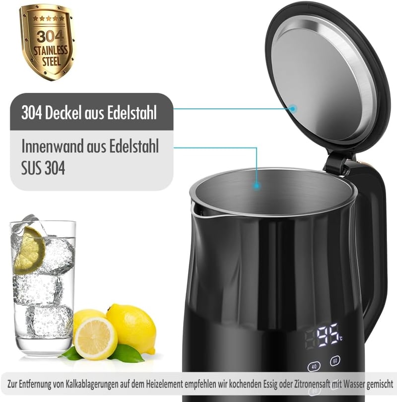 ForMe Rozsdamentes Acél Vízforraló 1,7L - Digitális LED Kijelző, 40-100°C Hőmérséklet Szabályozás, Melegen Tartó Funkcióval, Teafőzéshez, BP