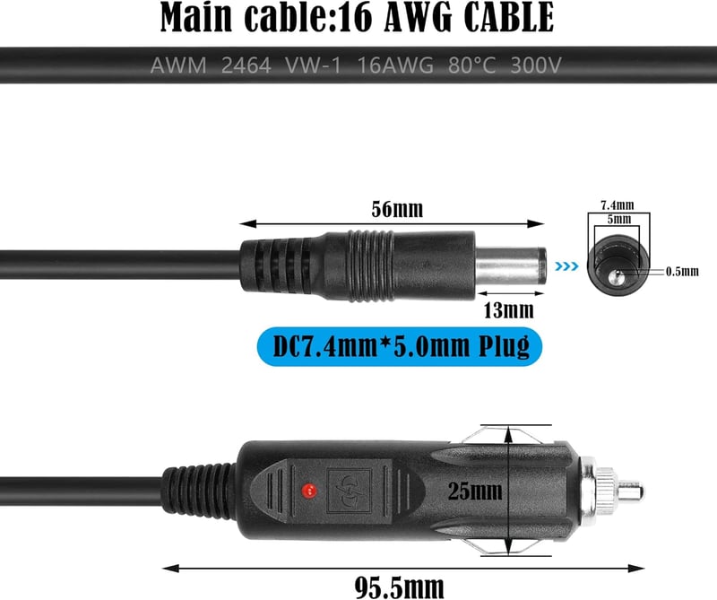 GINTOOYUN Szivargyújtó-DC7.4x5.0mm Tápkábel 16AWG - 3m Hosszú Adapter Autókhoz, Lakóautókhoz, Elektromos Készülékekhez, 10A Biztosítékkal