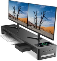 Meatanty 3 az 1-ben Dupla Monitor Állvány 2 Fiókkal, Vezeték Nélküli Töltővel és 4 USB Porttal - Fém Számítógép Tartó Adatátvitelhez 1
