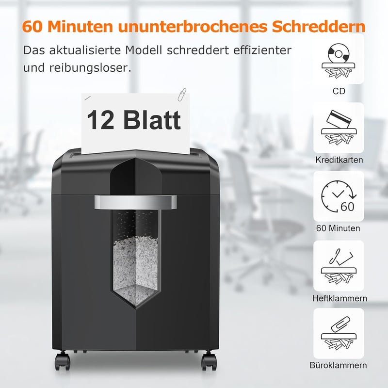 Bonsaii C266-B P4 Mikrovágású Iratmegsemmisítő, 12 Lapos Kapacitás, 60 Perces Működés, 16L Tartály, 4 Görgős Rendszer, Otthoni és Irodai Has
