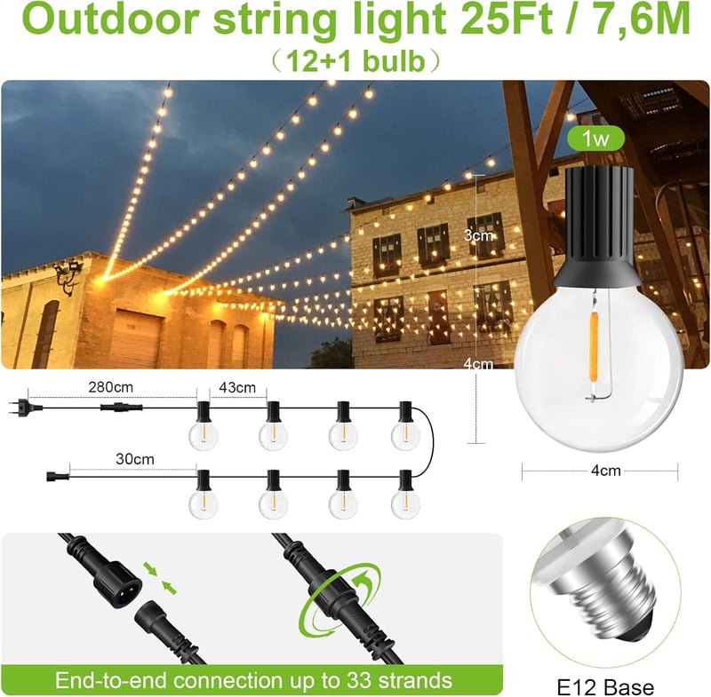 BokiHuk LED Fényfüzér 7,6m - IP45 Vízálló G40 Izzós Kültéri Világítás Kerthez, Teraszhoz, Esküvőre, Karácsonyi Dekorációhoz, 12+1 Izzóval