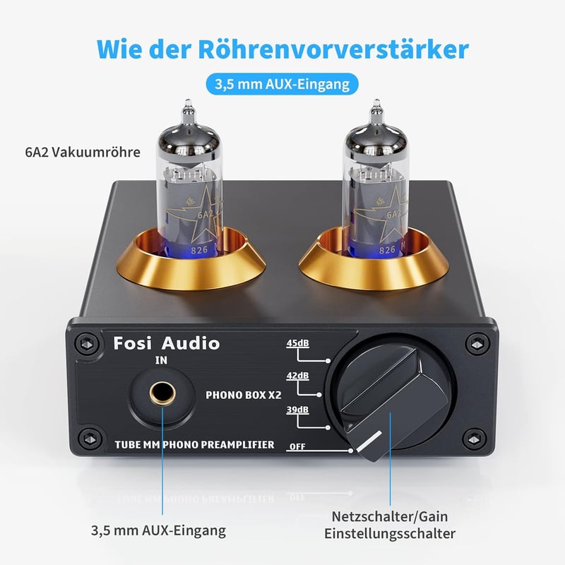Fosi Audio BOX X2 MM lemezjátszó előerősítő, cserélhető csővel és erősítésszabályzóval