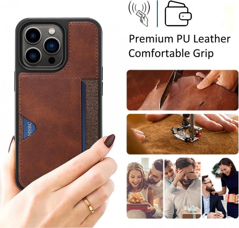 iPhone 14 Pro Max Bőrhatású Pénztárcatáska Kártyatartóval, Sötétbarna
