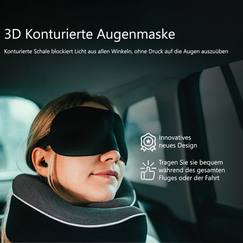 Proglobe Memóriahabos Nyakpárna Utazáshoz - Ortopéd Támasz Repülőre, Autóba, Vonatra - 3D Alvómaszk, Füldugó és Hálós Táska - Fekete