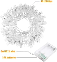 Adurei LED Fotócsipeszes Fényfüzér 40 db Csipesszel - 6m Elemes Dekorációs Világítás Képek Rögzítéséhez - Beltéri/Kültéri Meleg Fehér Fény 5