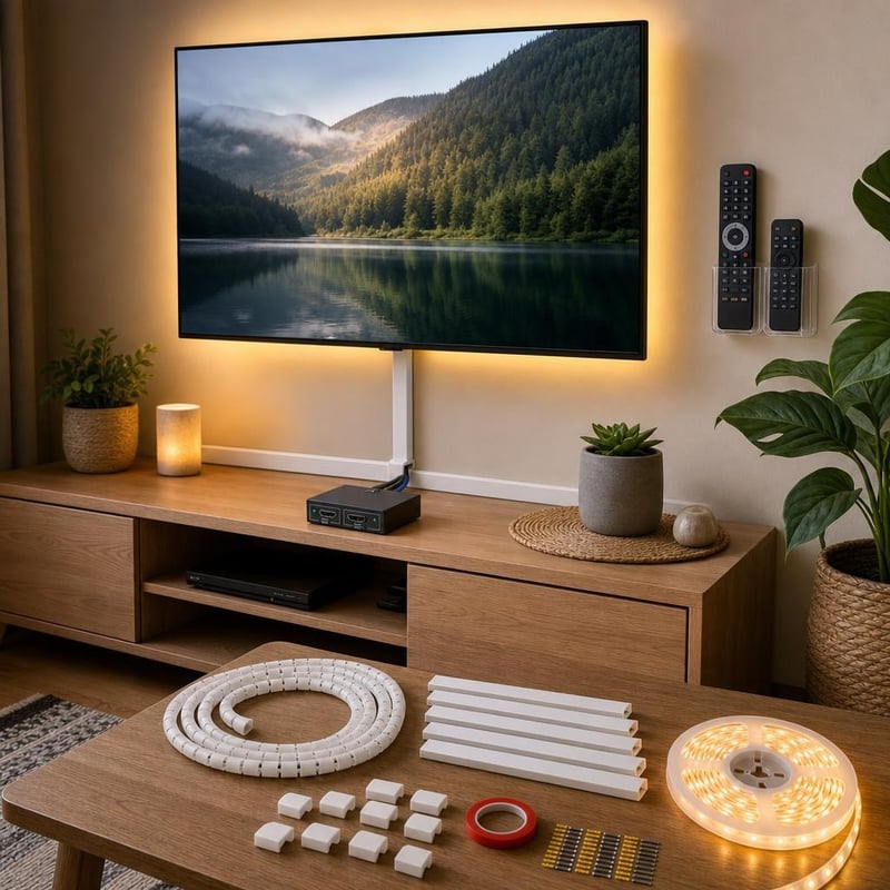 Súprava pre TV kútik: HDMI splitter + 10x lišta + organizér + 2x držiak + LED pásik