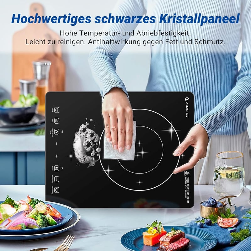 AMZCHEF Egyzónás Indukciós Főzőlap 3500W - Dupla Körös, 9 Fokozatú, Fekete Üvegkerámia, Időzítővel és Túlmelegedés Elleni Védelemmel