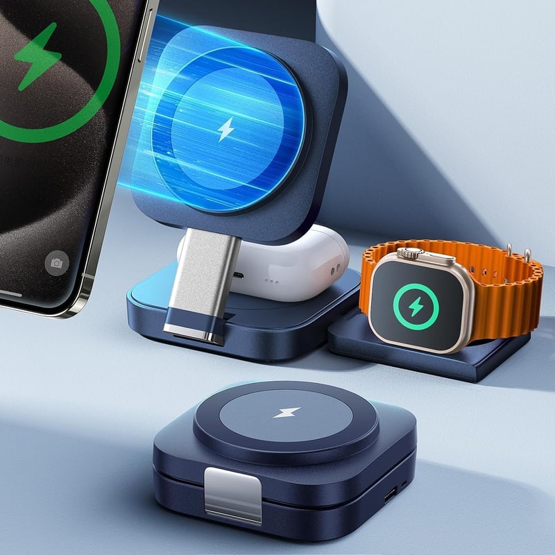 LISEN 3 az 1-ben MagSafe töltőállomás iPhone-hoz és Apple Watch-hoz - Kék vezeték nélküli töltő