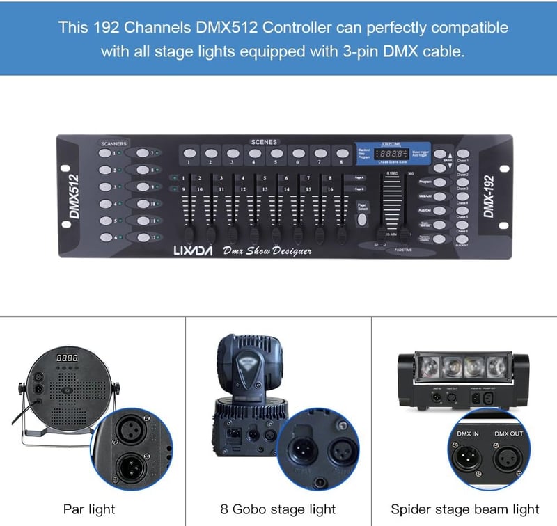 Lixada DMX 512 Fényvezérlő Konzol 192 Csatornával - Színpadi Lámpákhoz, Mozgó Fejekhez, DJ Felszereléshez, Partikhoz, 19" Rack Kompatibilis