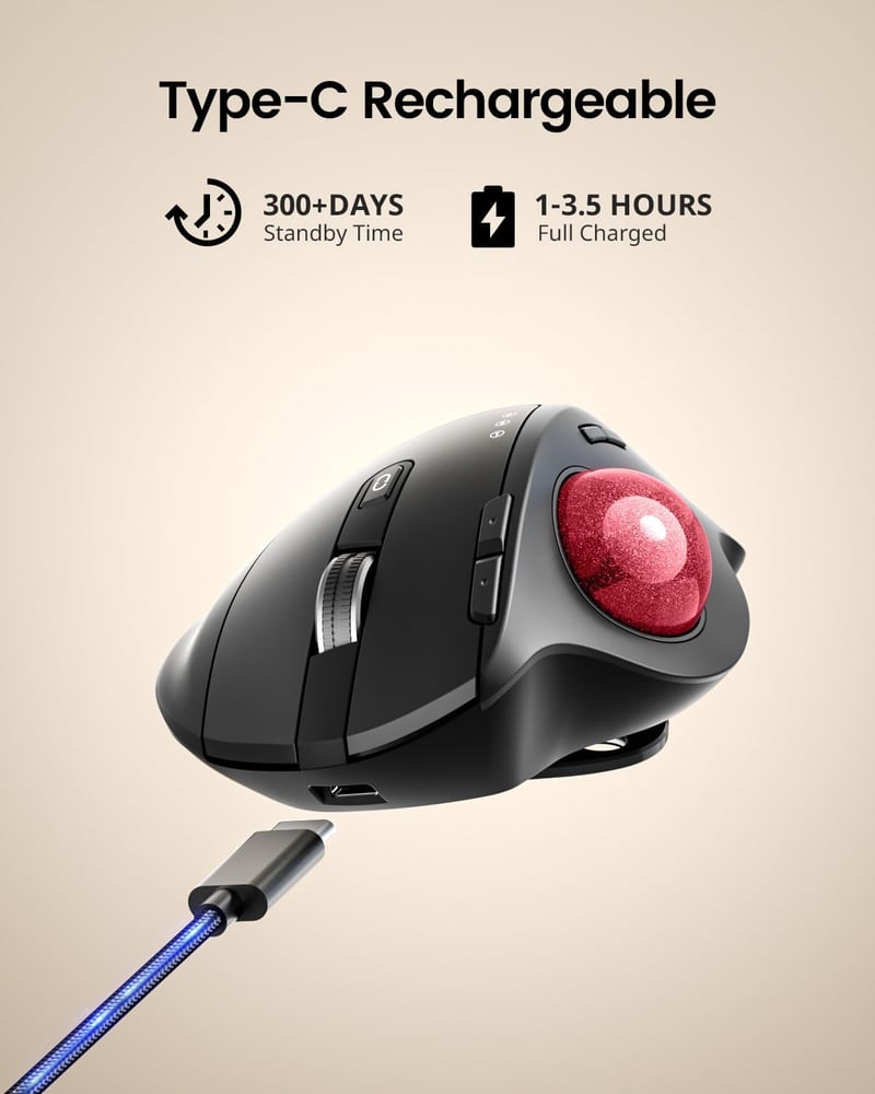 ProtoArc EM01 NL Vezeték Nélküli Trackball Egér - 2.4G USB és Bluetooth, Hüvelykujj Vezérlés, Állítható Szög, 5 DPI Fokozat, Újratölthető, P