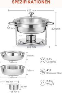 Wilprep 5,5 L Rozsdamentes Acél Ételmelegítő Szett 2 db - Kerek Chafing Dish Üvegfedővel, Ételtároló Edény Éttermeknek, Büféknek, Rendezvény 8
