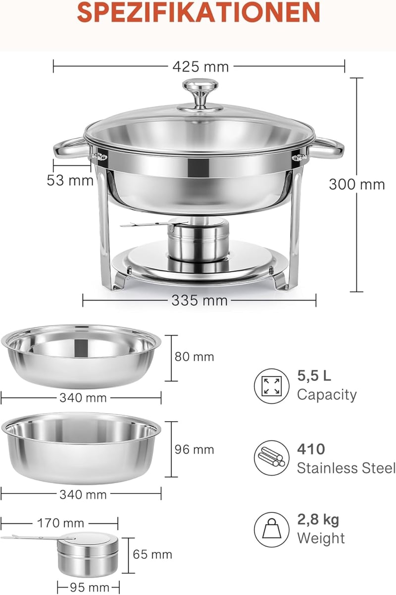Wilprep 5,5 L Rozsdamentes Acél Ételmelegítő Szett 2 db - Kerek Chafing Dish Üvegfedővel, Ételtároló Edény Éttermeknek, Büféknek, Rendezvény
