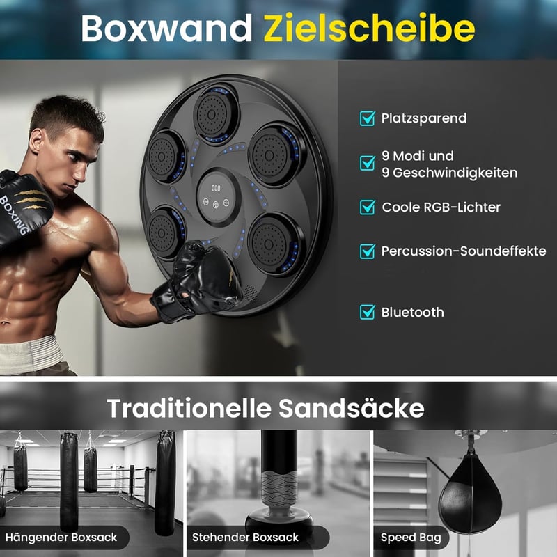 LeuKoles Bluetooth Boxgép LED Világítással - Fali Elektronikus Edzőgép 9 Sebességi Móddal, Boxkesztyűkkel és Számláló Funkcióval