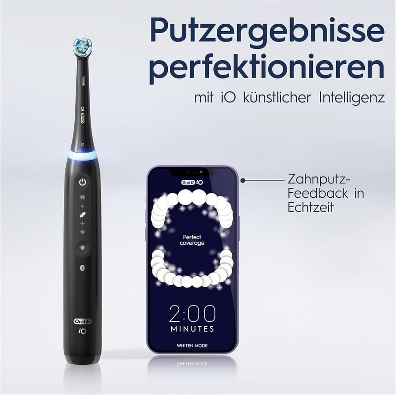 Oral-B iO 5 Plus elektromos fogkefe szett, 2 db fekete-fehér + 4 pótfej, 5 üzemmód