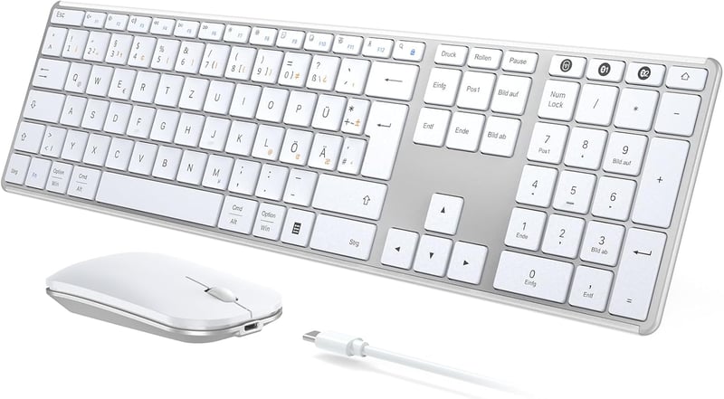 seenda Fém Bluetooth Billentyűzet és Egér Szett - Újratölthető Kettős Módú USB/BT Vezeték Nélküli QWERTZ Billentyűzet PC/Tablet/MacOS Eszköz