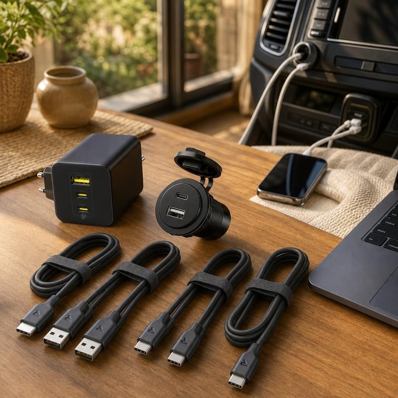 Töltésbiztos úti töltőcsomag: 4 db USB-C kábel + 100W 3 portos GaN töltő + 60W autós töltő