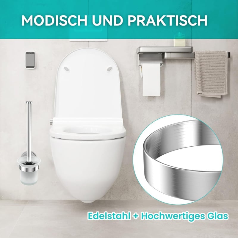 DailyArt WC-kefe szett: Fúrás nélküli, rozsdamentes acél-üveg tartó, pótfejjel