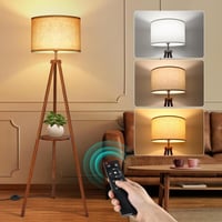OUTON Fa Állólámpa Polccal - Távirányítós LED Tripod Lámpa 4 Színhőmérséklettel, Időzítővel, Bézs Lámpaernyővel Nappaliba, Hálószobába, Irod 1