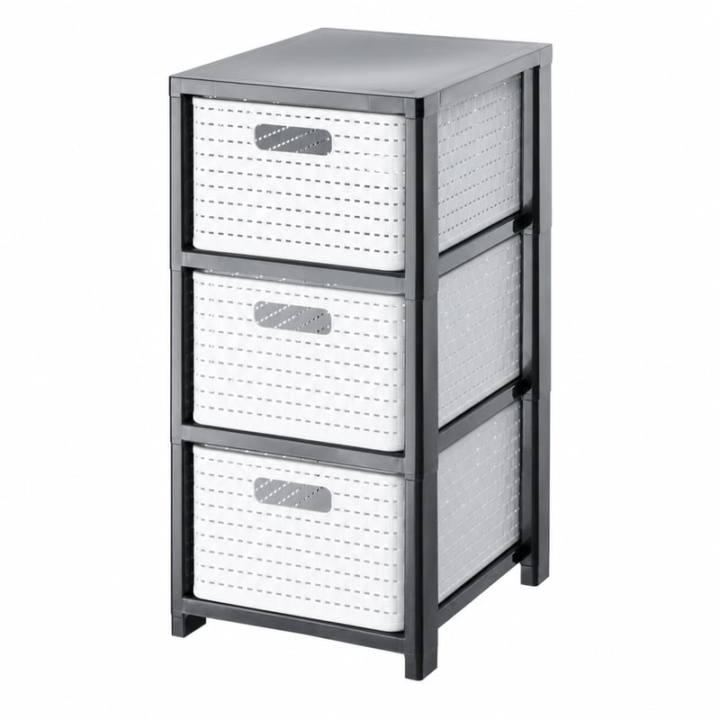 Rotho Country görgős tároló 3 fiókkal rattan mintával, fehér, 3 x A4/18 l, 37,5 x 32,5 x 71,2 — görgők nélkül (állapot: lásd a 2. képet)