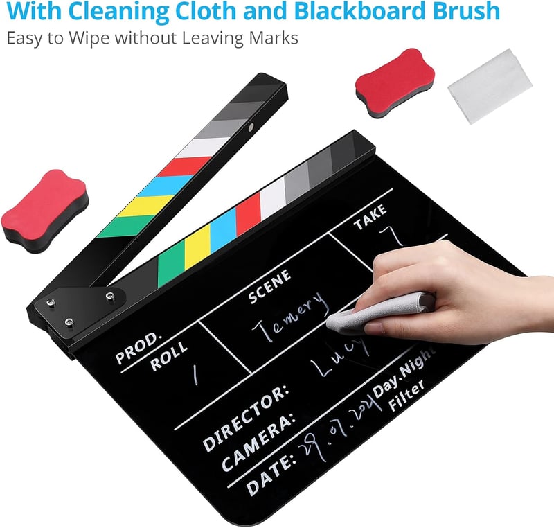 Temery Professzionális Filmklapk 30x25 cm - Akril Csapó Tábla Filmezéshez, Mágnessel, Tisztító Készlettel, Fekete Hollywood Stílusú Videó Ke