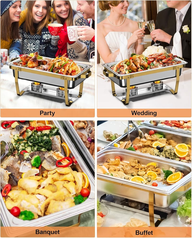 WENMILY 9L Rozsdamentes Acél Ételmelegítő Szett - 2 db Arany Színű Négyzetes Chafing Dish Tálalóedény Gördülő Peremmel, Partikra és Büféaszt