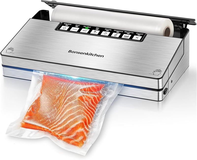 Bonsenkitchen Rozsdamentes Acél Vákuumfóliázó Gép - 12L/perc Szívókapacitás, 6 Élelmiszer Üzemmód, Beépített Vágó, Fóliatekercs Tartó, Kezdő