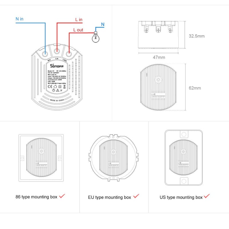 SONOFF D1 WiFi okos fényerőszabályzó LED és izzókhoz, Alexa és Google kompatibilis