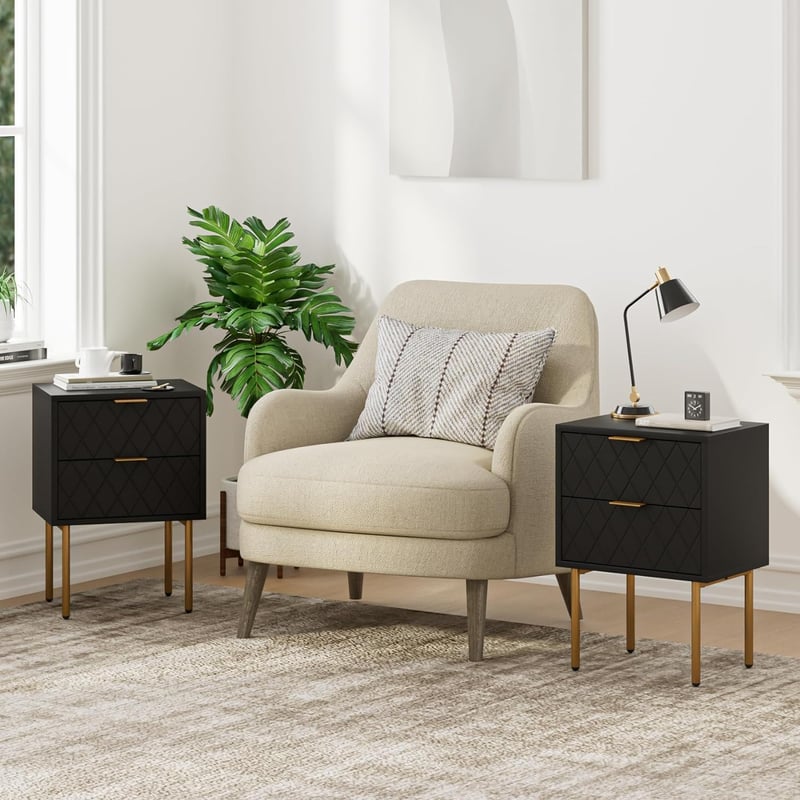 HEYZOEY Éjjeliszekrény 2 fiókkal, modern boho stílusú, fekete-arany