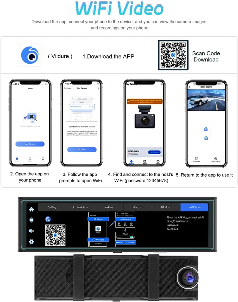 NHOPEEW 10,99" Visszapillantó Tükör 4K Első Kamerával - Vezeték Nélküli CarPlay & Android Auto - Éjjellátó Dupla Kamera WiFi FM Adóval