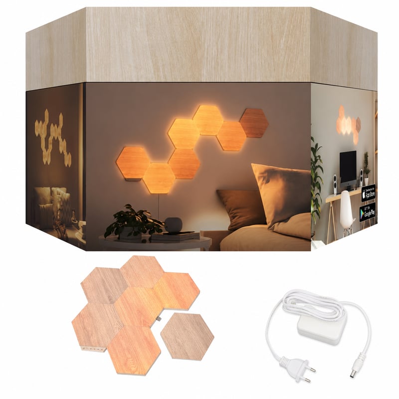 Set de iluminat LED de perete Nanoleaf Elements Hexagons Starter Kit cu 7 panouri, aspect lemn — piesă de montare spate lipsă (stare: vezi poza a 2-a)