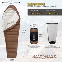 QEZER Ultrakönnyű Pehelytöltetű Hálózsák 660FP - Múmia Alakú, 3 Évszakos, -10°C Komfort, Kávébarna, Kempingezéshez, Túrázáshoz, Felnőtteknek 2