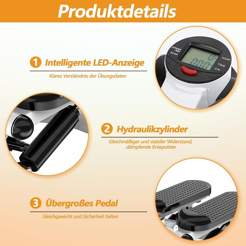 Aolawco Mini Stepper 100 kg Teherbírással, LCD Kijelzővel és Edzőkötelekkel - Otthoni Fitness Lépcsőző Gép Láb/Kar/Fenék Edzéshez, Fekete