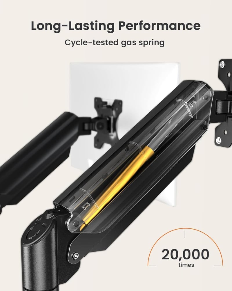 ErGear Dupla Monitortartó 17-32 Colos Képernyőkhöz, Gázrugós Karos Állvány, 2x10kg Teherbírás, VESA 75/100, Asztali Rögzítés, Fekete