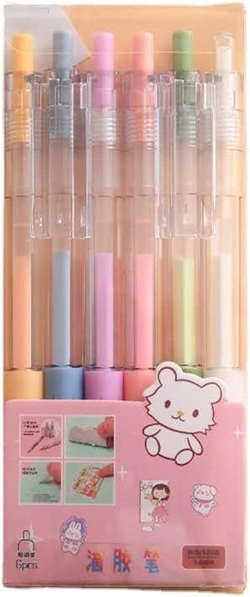 Kawaii 6 db-os Retraktálható Gél Toll Szett Fekete Tintával, Aranyos Rajzfilm Mintákkal