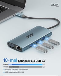 Acer 9-in-1 USB-C Hub Dokkoló, 4K HDMI, VGA, 3xUSB 3.0, Gigabit Ethernet, 100W PD, SD/TF Kártyaolvasó, Alumínium Adapter iPhone/MacBook/iPad 6