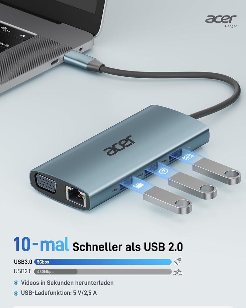Acer 9-in-1 USB-C Hub Dokkoló, 4K HDMI, VGA, 3xUSB 3.0, Gigabit Ethernet, 100W PD, SD/TF Kártyaolvasó, Alumínium Adapter iPhone/MacBook/iPad