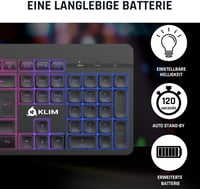 KLIM Light V2 Vezeték Nélküli Gamer Billentyűzet QWERTZ - Lapos, Ergonomikus, Vízálló, RGB Háttérvilágítás, PC/Mac/PS4/PS5 Kompatibilis, Hos 6