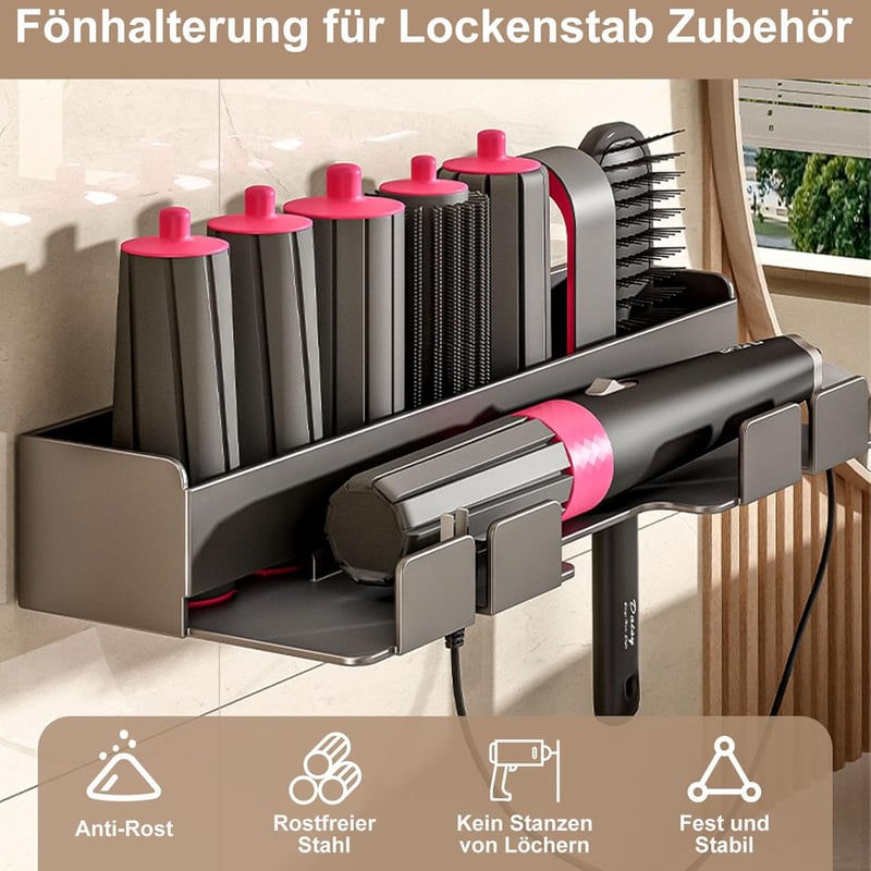 W&H Hajszárító Tartó Fali Fúrás Nélküli Rozsdamentes Acél Állvány Dyson Airwrap Styler Hajformázókhoz - Fekete