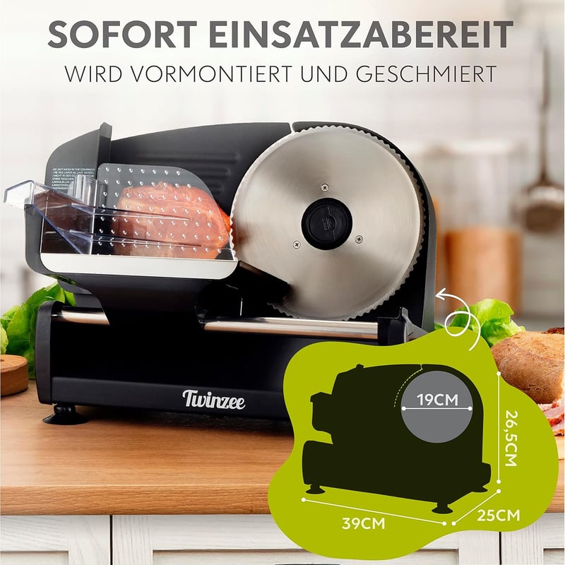 Twinzee Elektromos Szeletelőgép - Állítható Vastagságú (0-15mm) Rozsdamentes Acél Kenyér, Hús és Sajt Vágó 2 Cserélhető Pengével, 150W, Feke