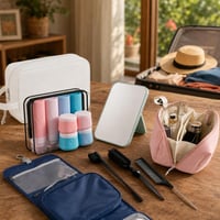 Cestovný set na hygienu: taška + 8 flakónov + zrkadlo + 3 kefy + taška na mokré veci 1