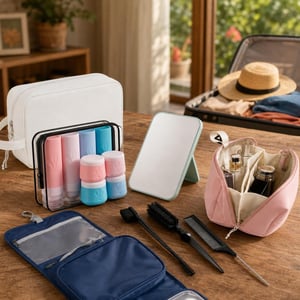 Set complet pentru călătorii: geantă cosmetice + 8 flacoane + oglindă + 3 perii păr + geantă umed-uscat